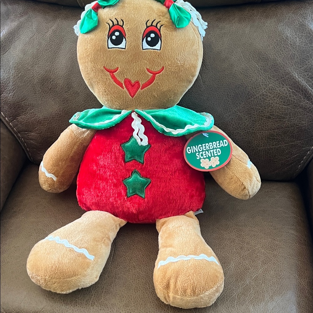Festive Gingerbread Plush Toy with Red and Green Accents